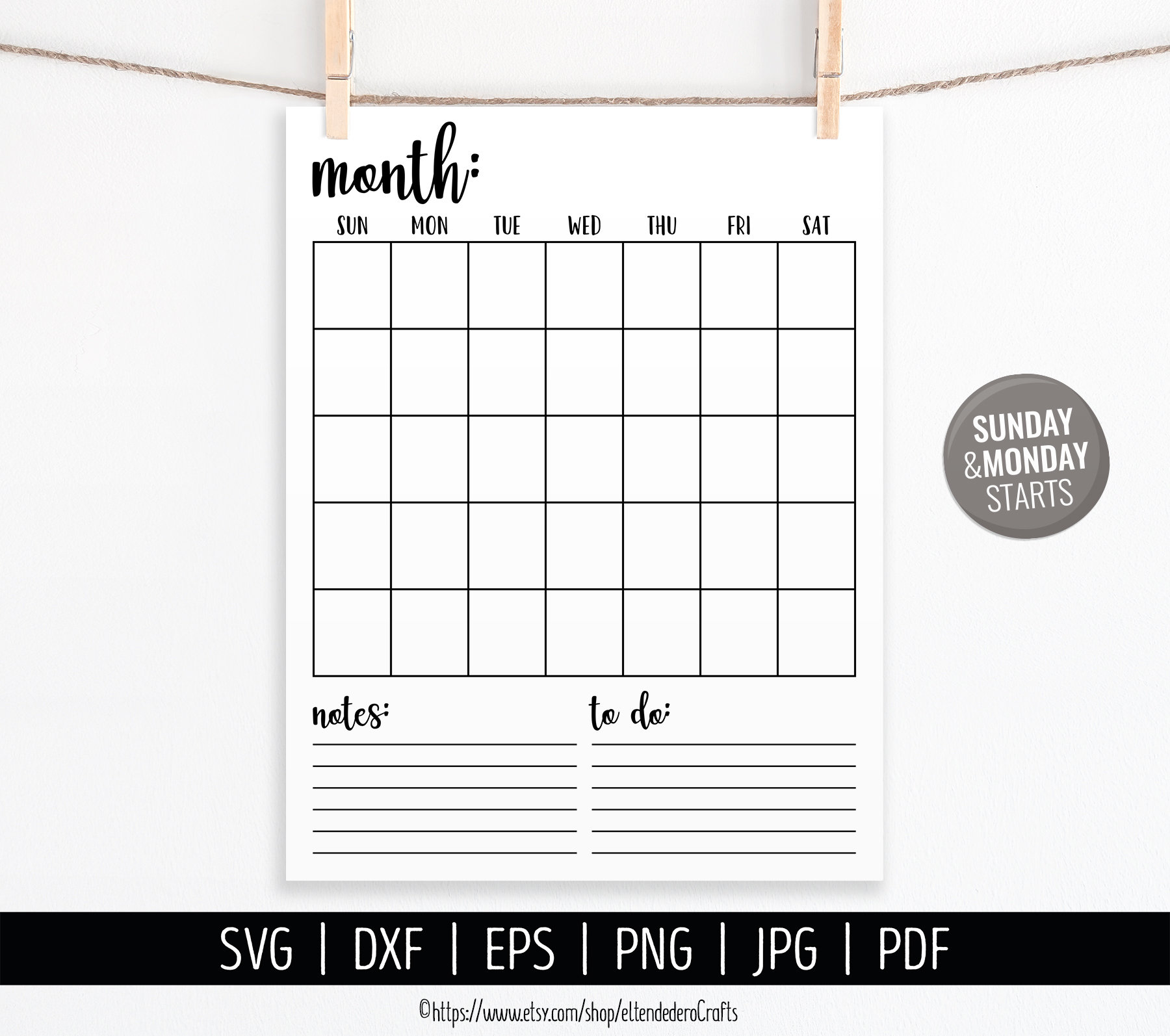 Blank Calendar SVG. Digital Monthly Calendar Vector Cut Files | Etsy