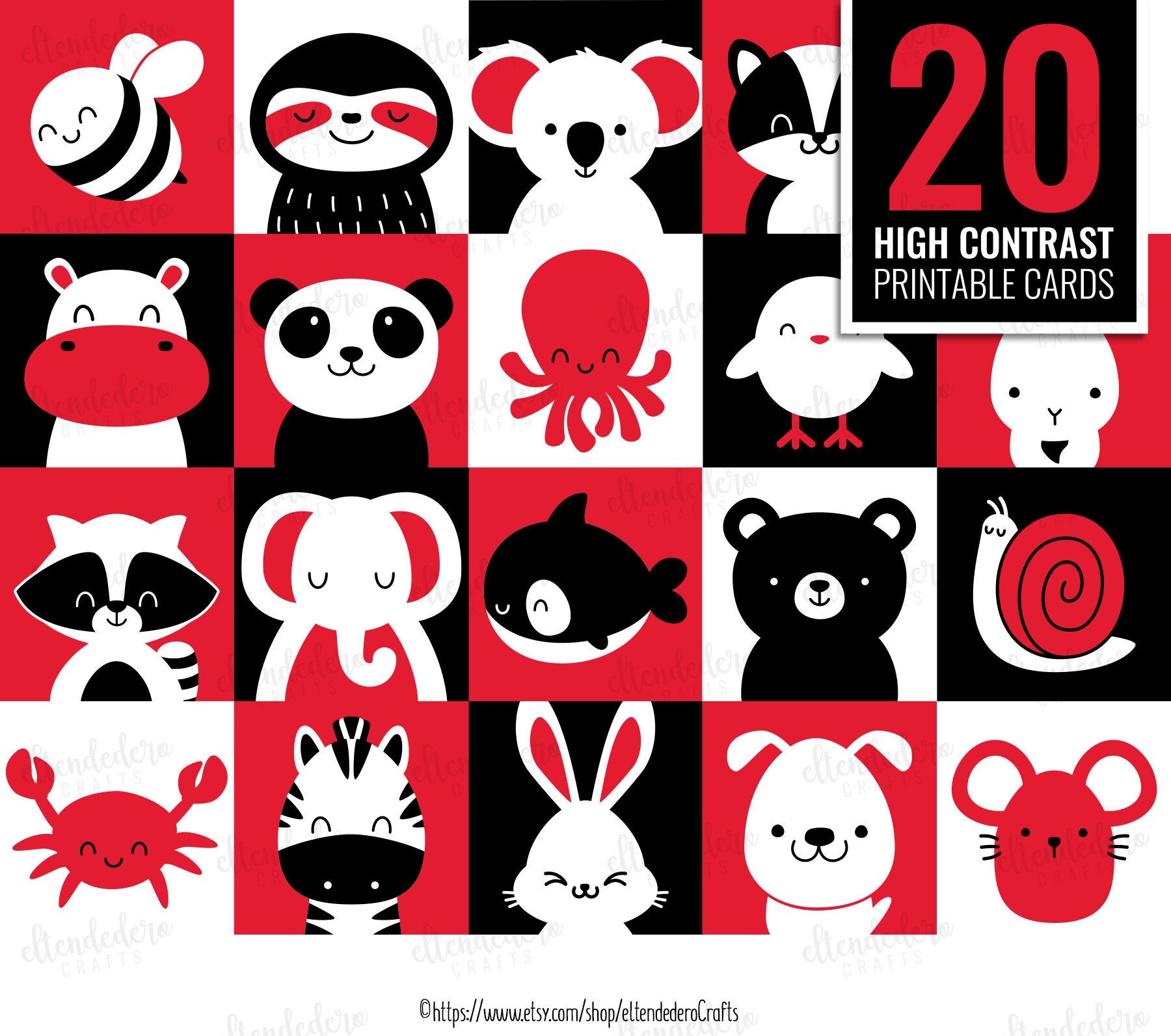 Lot de 20 cartes flash à contraste élevé pour bébés - 40 pages - 21,3 x  21,6 cm - Noir et blanc