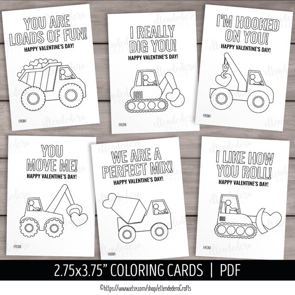 Construction Valentine Coloring Cards. Truck Kids Valentines Printable Favor Tags. Tractor Boy Valentine's Day Quotes Classroom Treat Gift