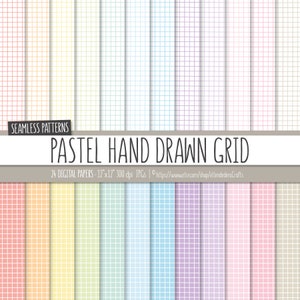 May include: 24 digital papers featuring pastel colored grid patterns. Each pattern is 12 inches by 12 inches and 300 dpi. The colors are a rainbow gradient from red to purple.