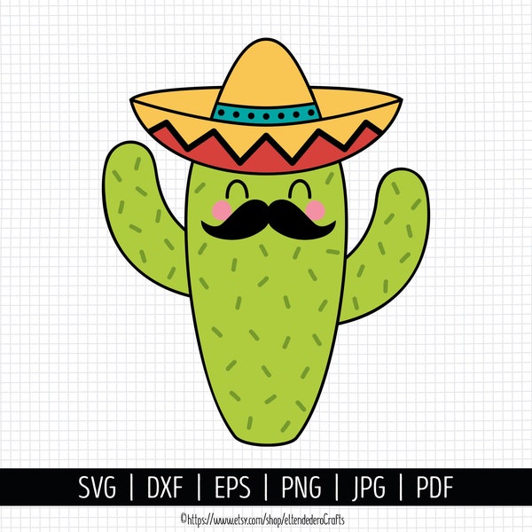 Cactus SVG. Fiesta Cinco de Mayo Cut Files. Mexican Party SVG, Cactus with Sombrero Mustache PNG Clipart. Shirt Vector Cutting Machine Files