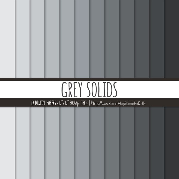 Grey Solids Digital Paper Set. Plain Gray Backgrounds. Monochrome Solid Grey Palette Gradient Scheme Papers. Digital Scrapbook Download