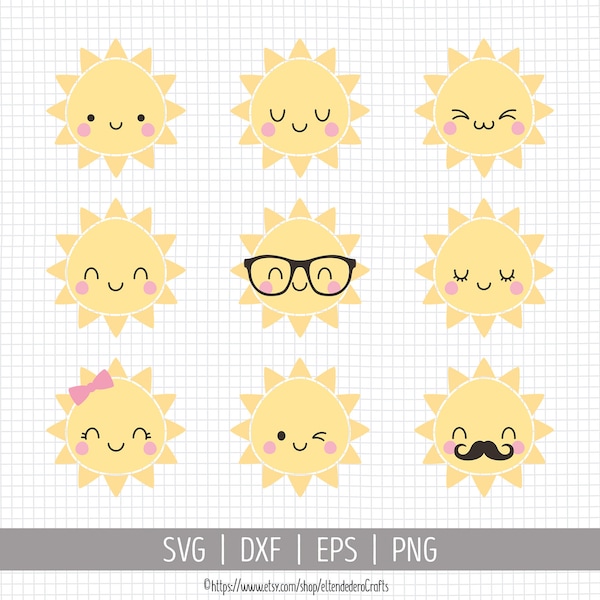 Baby Sun SVG. Kids Cute Sun Clipart. Kawaii Sun Faces Bundle Cut Files. Sun Vector Files for Cutting Machine, png dxf eps Instant Download
