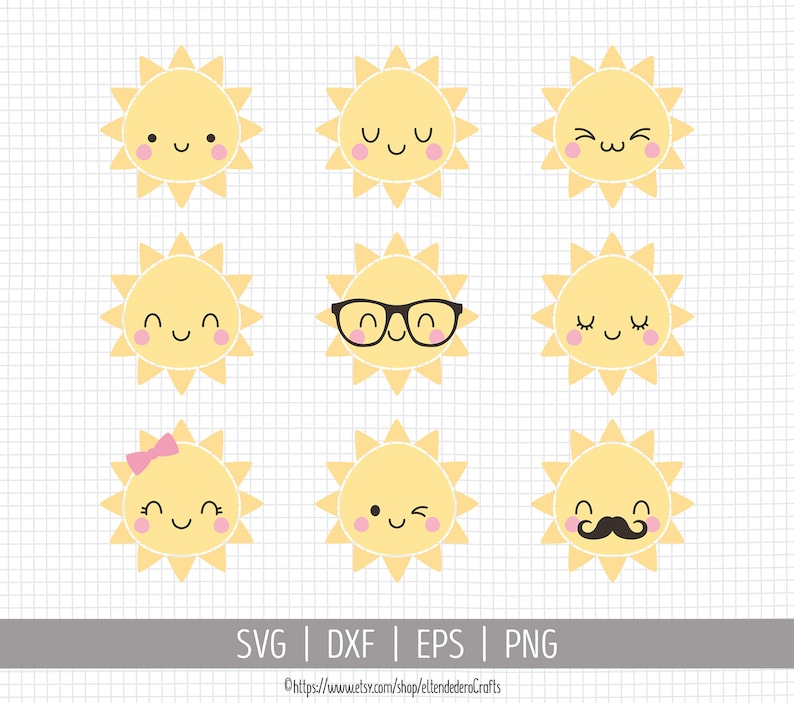 Puede incluir: Una colecci&oacute;n de nueve ilustraciones de soles amarillos con diversas expresiones faciales, incluyendo sonrisas, gui&ntilde;os, gafas negras, un lazo rosa o un bigote, con el texto SVG | DXF | EPS | PNG y una URL en la parte inferior.