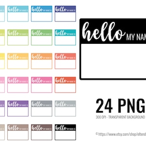 Hallo, mein Name ist PNG Clipart. Baby-Namensschild-Datei. Neugeborenen-Schild, Foto-Requisite-Karte – Regenbogen-Schuletiketten, Clip-Art, druckbare Planer-Aufkleber