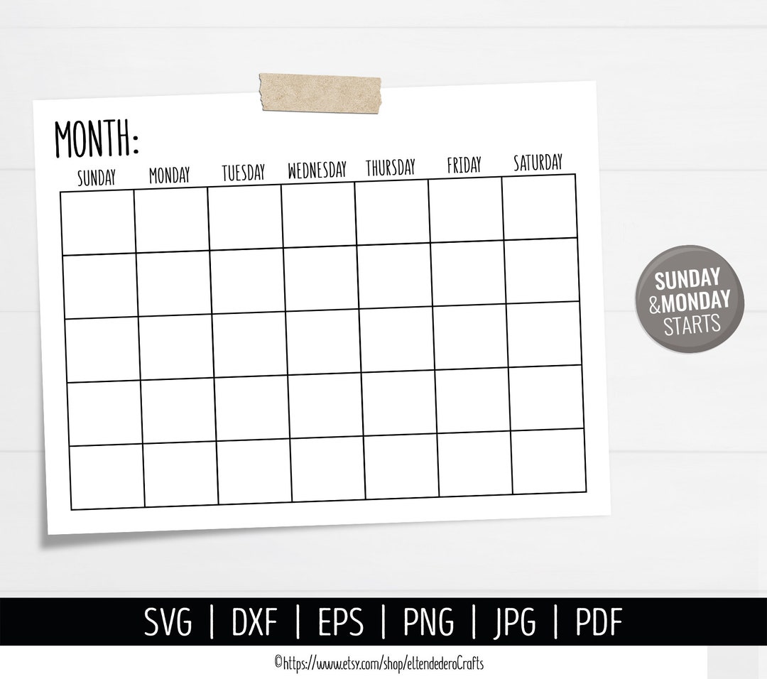 Blank Calendar SVG. Digital Monthly Calendar Vector Cut Files Cutting
