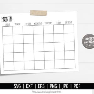 Calendário em branco SVG. Máquina de corte de arquivos de corte vetorial de calendário mensal digital. Download do calendário da fazenda para impressão. Planejador do mês pdf dxf