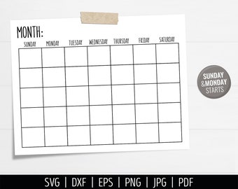 Blank Calendar SVG. Digital Monthly Calendar Vector Cut Files Cutting Machine. Printable Farmhouse Calendar Download. Month Planner pdf dxf
