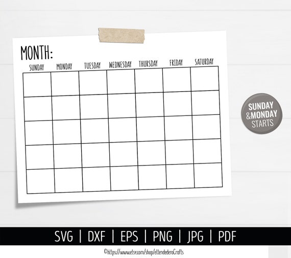 Blank Calendar SVG. Digital Monthly Calendar Vector Cut Files Etsy