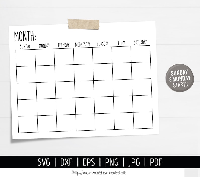 Blank Calendar SVG. Digital Monthly Calendar Vector Cut Files Cutting ...