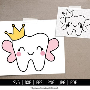 Tooth Fairy SVG. Cute Girl Tooth With Crown Cut Files. Vector Kawaii ...