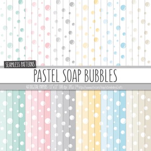 Puede incluir: Un conjunto de 48 papeles digitales con burbujas de jabón pastel en varios colores, incluyendo verde menta, rosa, gris, amarillo y azul. Cada papel mide 30,5 cm por 30,5 cm y 300 dpi.