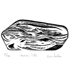 Ocean Life - Wood Engraving. Miniature 3x6cm Handprinted Engraving. Dolphins. Seabird. *Original* Print.