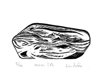 Ocean Life - Wood Engraving. Miniature 3x6cm Handprinted Engraving. Dolphins. Seabird. *Original* Print.