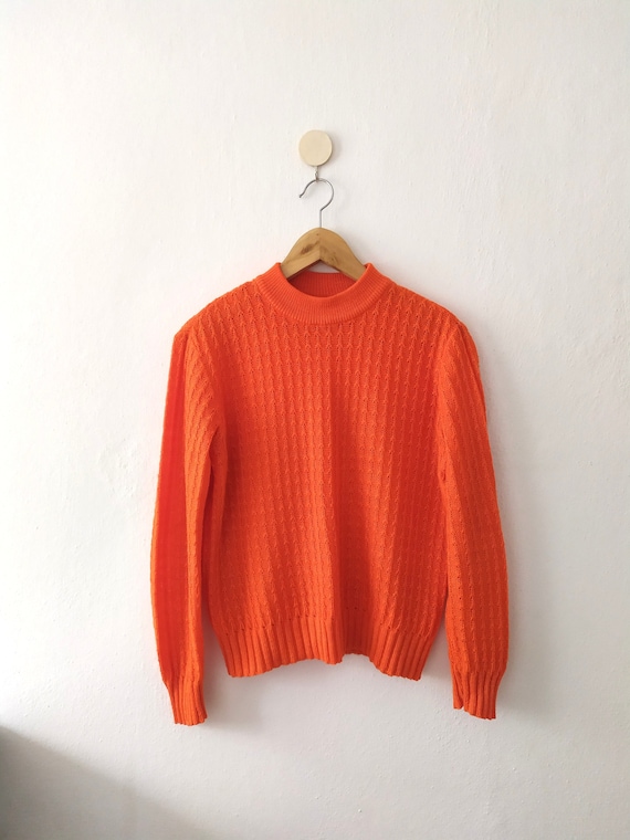 Vintage orange jumper, 1970s openwork sweater, bo… - image 1