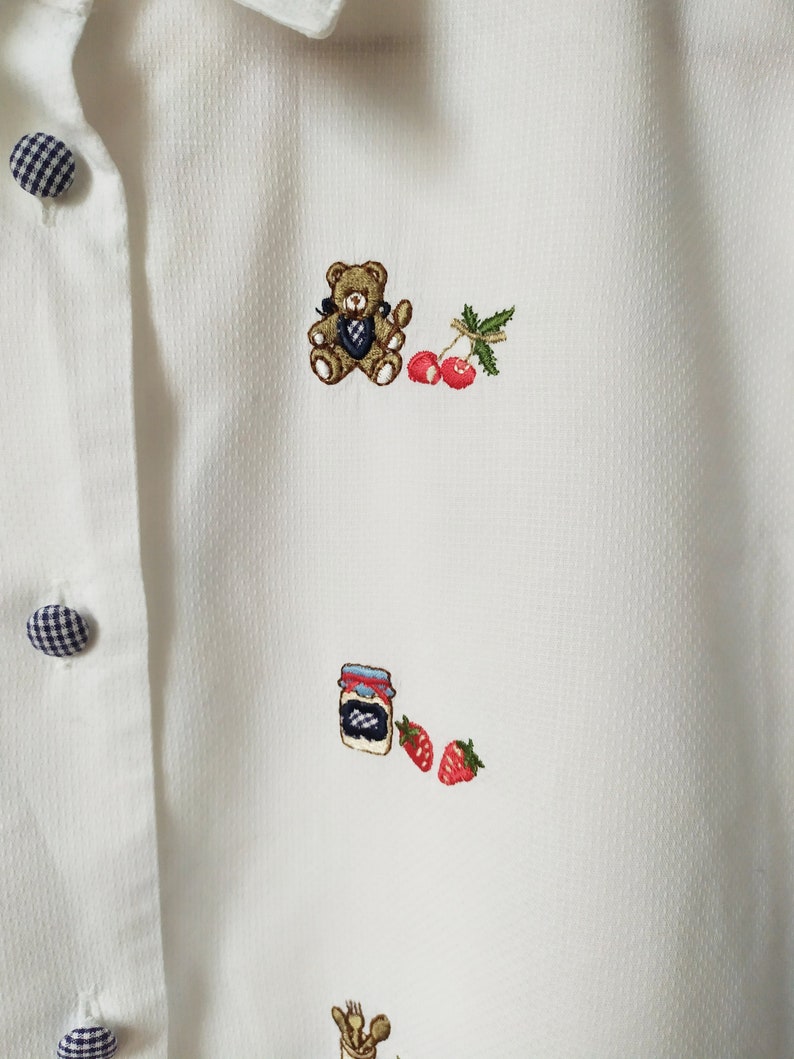 short sleeve 1990s2000s cotton blouse with embroidered cherries and teddy bears universal size White vintage shirt with embroidery