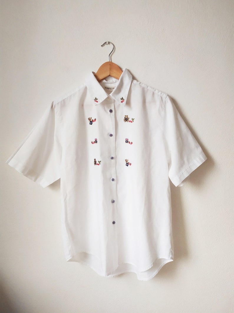 short sleeve 1990s2000s cotton blouse with embroidered cherries and teddy bears universal size White vintage shirt with embroidery