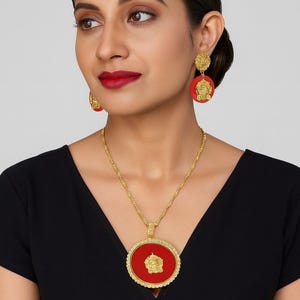 Durga Mata Gold Plated Pendant Necklace & Earrings: Red Enamel Temple Jewelry
