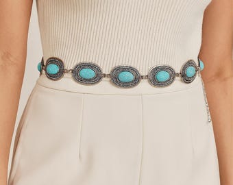 Turquoise Concho Waist Belt: Boho Western Style, Adjustable Belly Chain