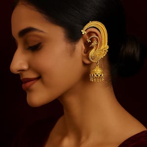 May include: A gold-coloured ear cuff with a peacock design. The elaborate jewellery piece has a curved upper section that fits over the ear and a dangling bell-shaped element. The peacock's body is detailed with intricate patterns.