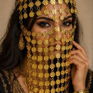 Puede incluir: Una mujer con un tocado y velo de monedas de oro, con pendientes y pulseras a juego. Las joyas cubren su cabello oscuro y rostro, con una blusa negra bordada. Las monedas de oro están unidas en un patrón decorativo.