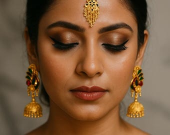 Gold Plated Jhumki Earrings & Mang Tikka Set: Indian Bridal Jewelry