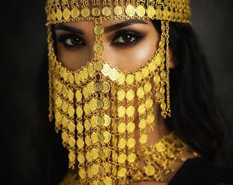 Handcrafted Gold Coin Face Chain Veil Mask, Oriental Arabic Style Head Jewelry
