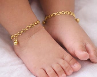 Tobillera para niños, tobillera de cadena, tobillera para bebés, tobillera para bebés, joyería para bebés, joyería para bebés, plata chapada en oro de 18 quilates.