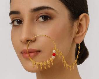 Gold Plated Indian Bridal Nath: Pearl & Red Bead Nose Ring