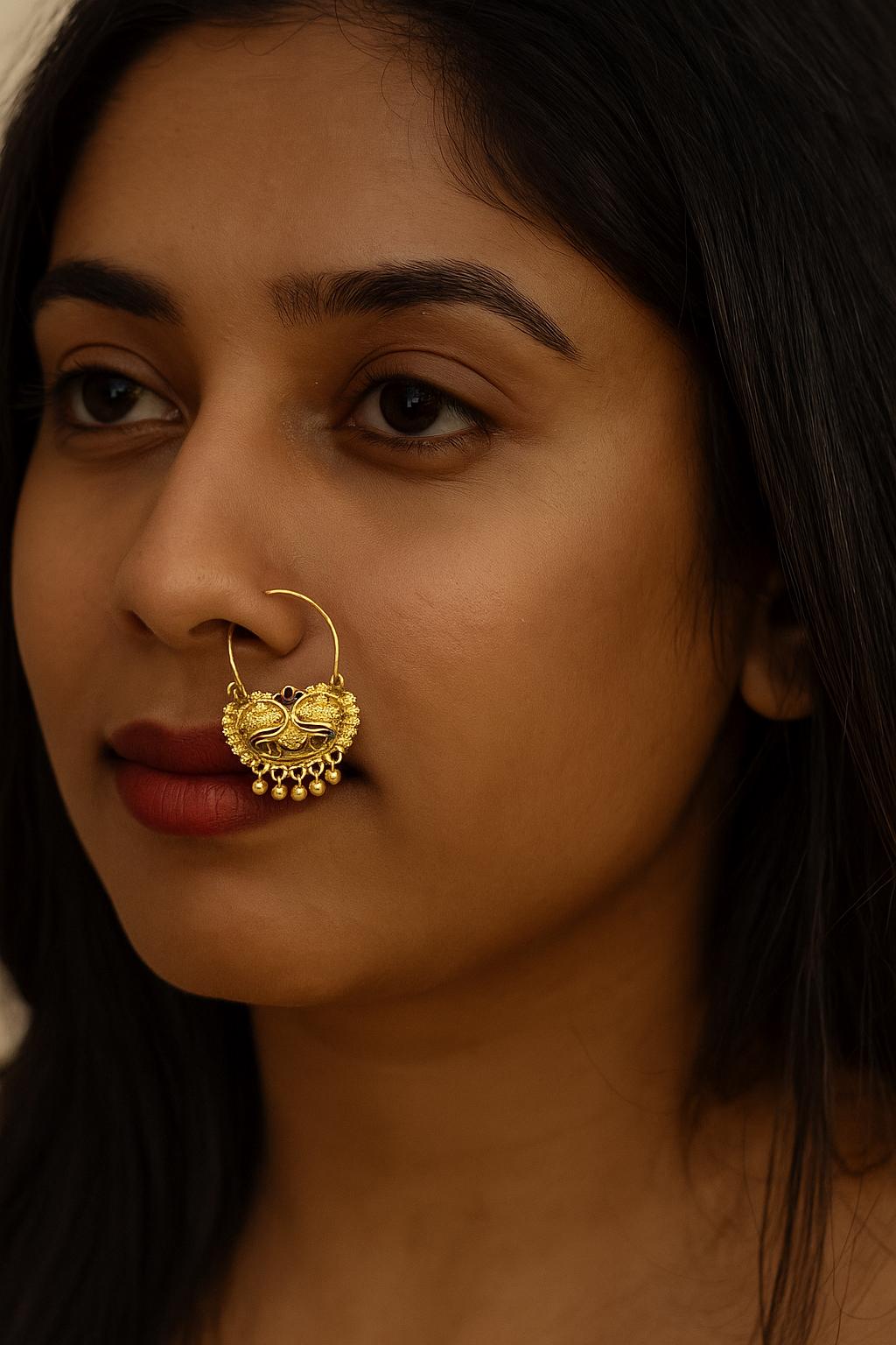 Gold Plated Bridal Nath Nose Ring: Indian Wedding Jewelry