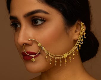 Gold Plated Bridal Nath Nose Ring: Indian Wedding Jewelry