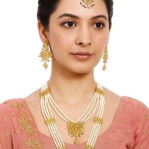 Indian Bridal Rani Haar Set: Gold-Plated Temple Necklace with Pearl Earrings