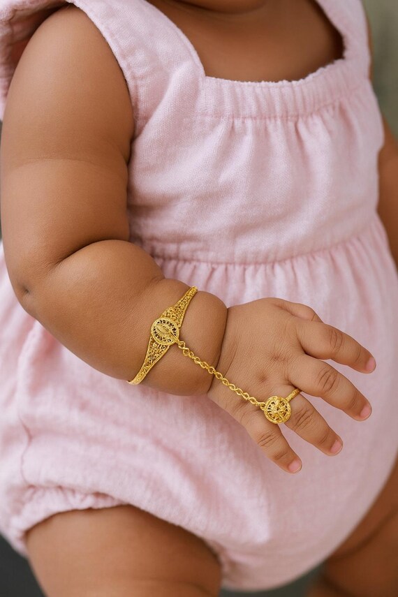 Gold Plated Baby Bangle with Ring: Hand Harness Jewelry
