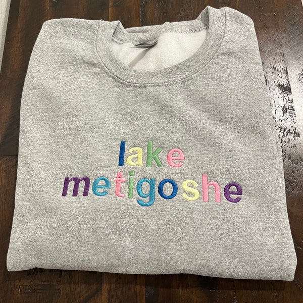 Lake Metigoshe sweatshirt, customizable with any lake name