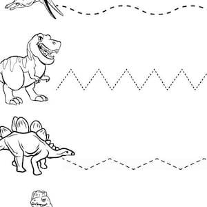 Könnte beinhalten: Schwarz-Weiß-Illustration für prähistorische Schreibübungen. Das Bild zeigt verschiedene Dinosaurier, darunter einen Pterodactylus, einen T-Rex, einen Stegosaurus und einen weiteren Dinosaurier, jeweils mit einer gepunkteten Linie zum Nachzeichnen. Der Text "Prehistoric Prewriting" steht oben.