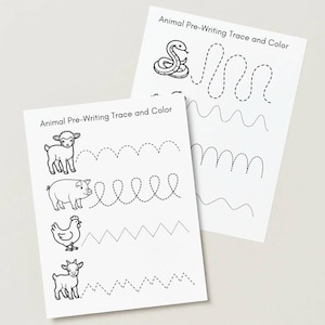 May include: Two white activity sheets titled Animal Pre-Writing Trace and Color featuring black line drawings of a snake, lamb, pig, chicken, and goat alongside various dotted line patterns for tracing exercises on standard letter-sized paper.