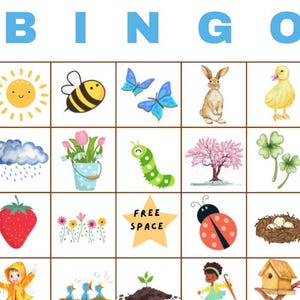 May include: A spring-themed bingo card with images of a sun, bee, butterflies, rabbit, duckling, rain clouds, flowers in a bucket, caterpillar, blooming tree, four-leaf clover, strawberry, flowers, a star with the text "FREE SPACE", ladybug, bird's nest with eggs, a person in a yellow raincoat, baby birds in a nest, a sprout, a person jumping over a puddle with an umbrella, a birdhouse, a bluebird, a yellow umbrella, a snail, a tree with green leaves, and a squirrel.