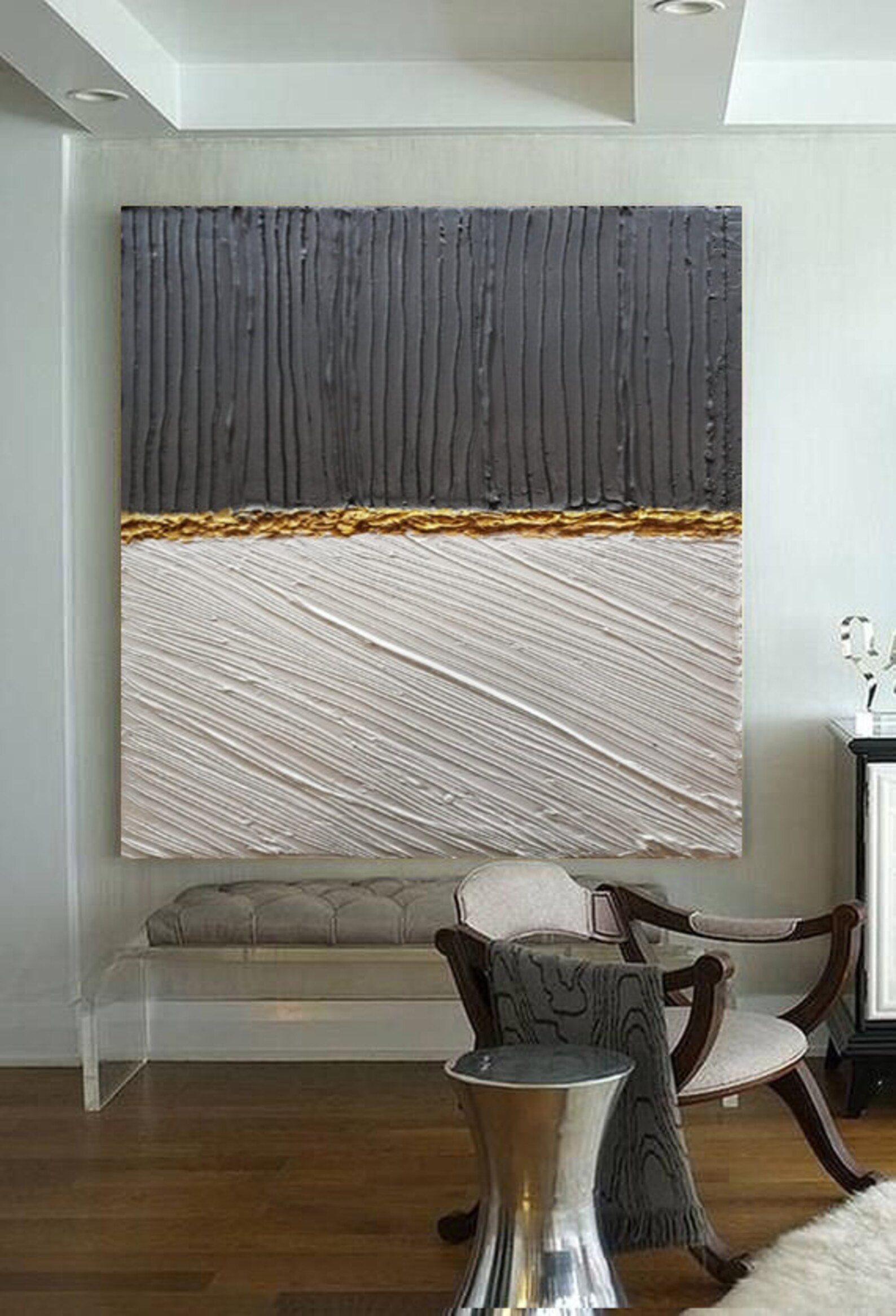 White Leaf Painting Large Wall Art White&gray Wall Decor Etsy