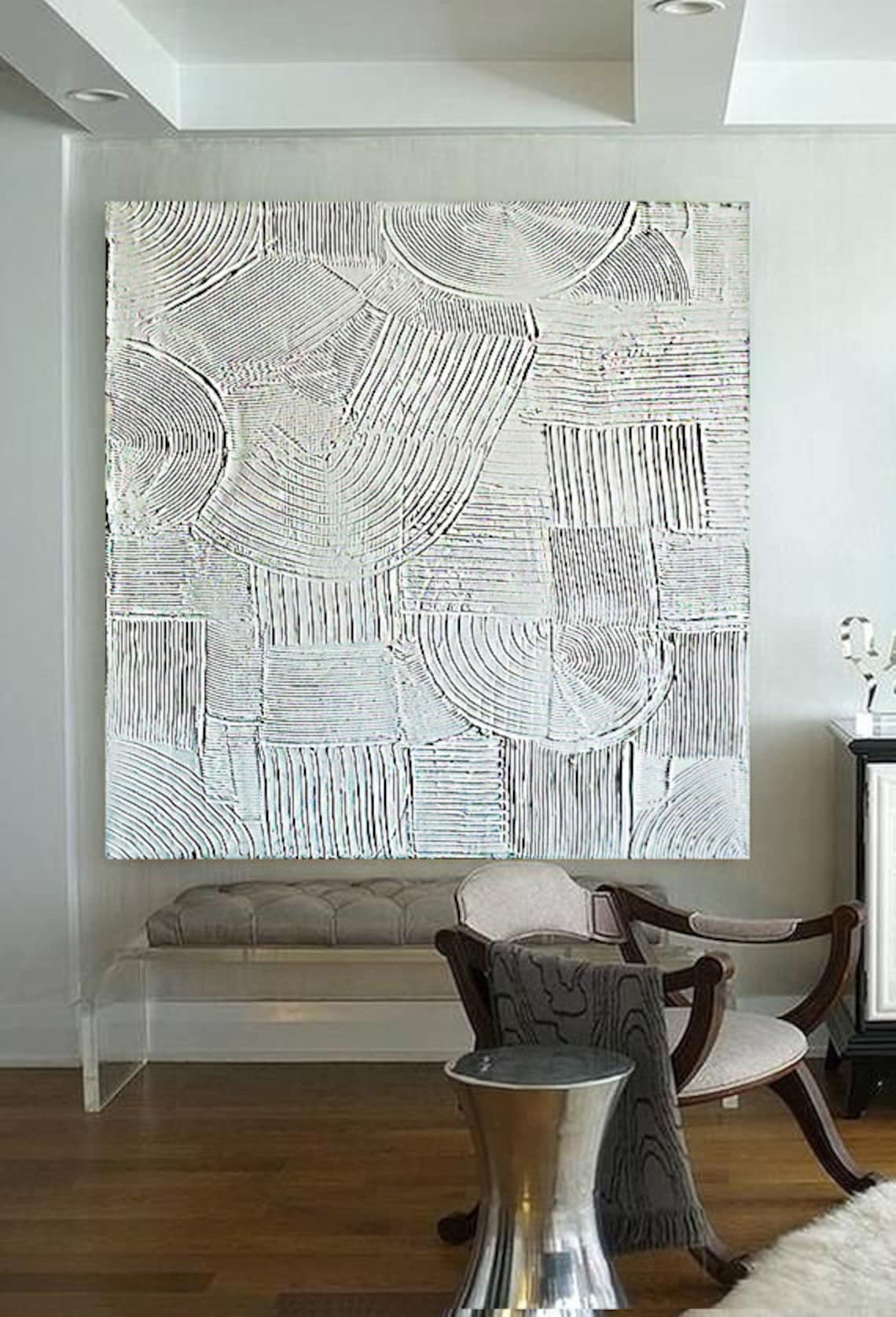 White Leaf Painting Large Wall Art White Wall Decor Texture Etsy