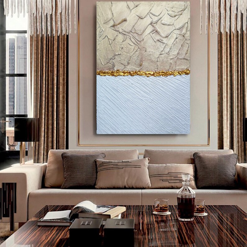 White Leaf Painting Large Wall Art White& Beige Wall Decor Etsy