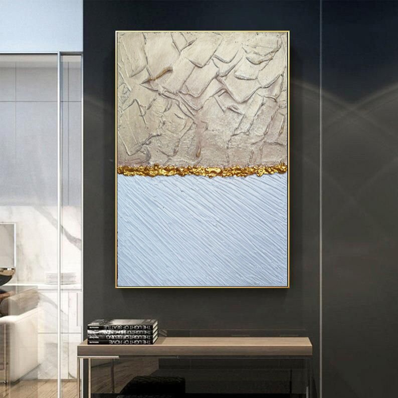 White Leaf Painting Large Wall Art White& Beige Wall Decor Etsy