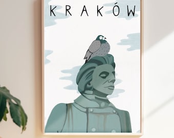 Kraków Cracow Poland travel poster. Wall Decoration Poland. Print Mickiewicz. Vintage. Illustration. Plakat xmas gift for her him idea