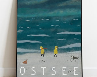 Ostsee. Ostsee. Poster Meer. Reiseplakat. Wanddekoration. Deutschland Poster. Drucken. Druck-Poster. Der Strand. Jahrgang. Design Plakat