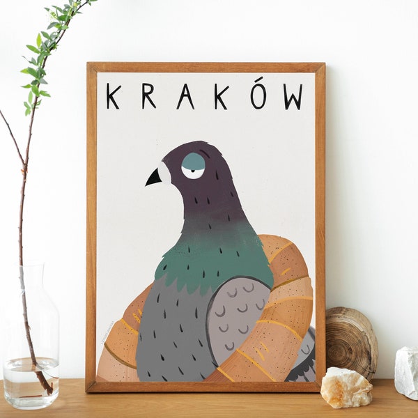 Kraków. Poland travel poster. Wall Decoration. Cracow. Polska. Poland. Print. Plakat. Travel. Print Poster. Pigeon. Gołąb. Illustration