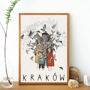 Krakau. Krakau. Polen Reiseplakat. Wanddekoration. Polska. Druck Illustration. Taubenfamilie Postkarte Marktplatz