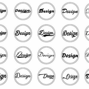 May include: A collection of 28 black and white circular designs with the word "Design" written in a variety of fonts and styles.