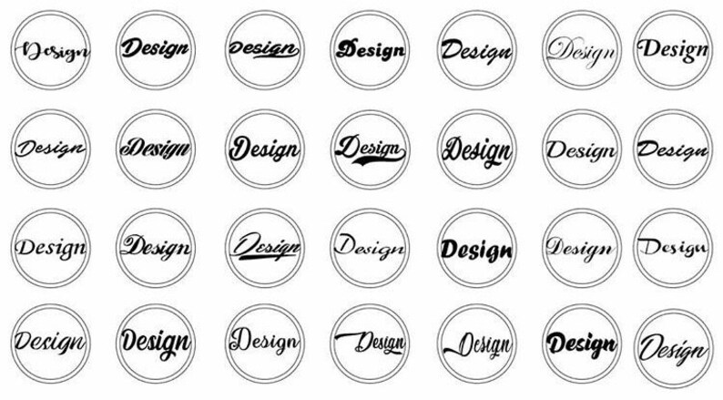 May include: A collection of 28 black and white circular designs with the word "Design" written in a variety of fonts and styles.