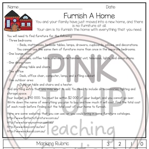 May include: A worksheet titled "Furnish A Home" with a cartoon house illustration. The worksheet provides instructions for a home furnishing activity, including a budget of $40,000 and a list of rooms to furnish. It also includes a marking rubric and a section for comments.