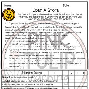 May include: A worksheet with a marking rubric for a business game. The game involves opening a store and selling products. The worksheet includes instructions, questions, and a table for scoring.