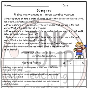 May include: A worksheet titled "Shapes" with instructions to find and draw shapes in the real world. Includes a marking rubric and an extension activity. A cartoon boy is on the right side of the worksheet.